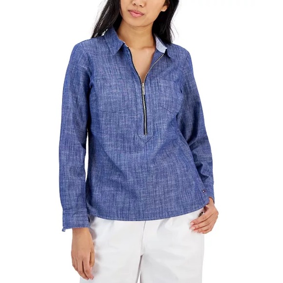 Tommy Hilfiger Tops - Chambray Quarter Zip Tommy Hilfiger Blue Cotton Pullover Shirt Size M Hamptons
